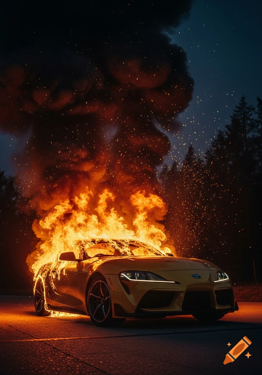 A yellow Toyota Supra is engulfed in large, bright orange flames and thick dark smoke on a road at night, with trees in the background.