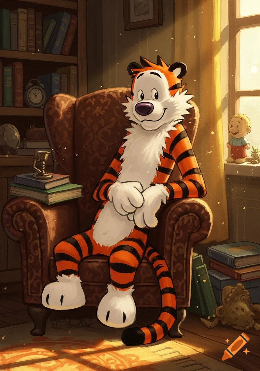 Cartoon tiger Hobbes sits relaxed in a brown armchair in a cozy room with bookshelves and a sunny window.