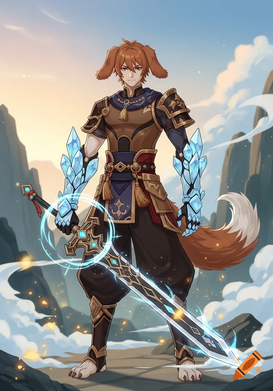 Anime male warrior with dog ears, crystal arms, and a glowing sword stands in a mountainous fantasy landscape.