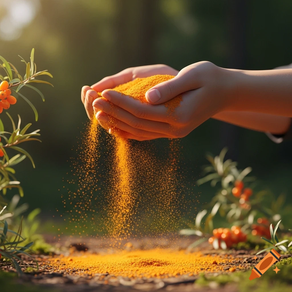 Hands gently pour bright orange sea buckthorn powder onto the ground in a natural outdoor setting, with sea buckthorn plants visible.