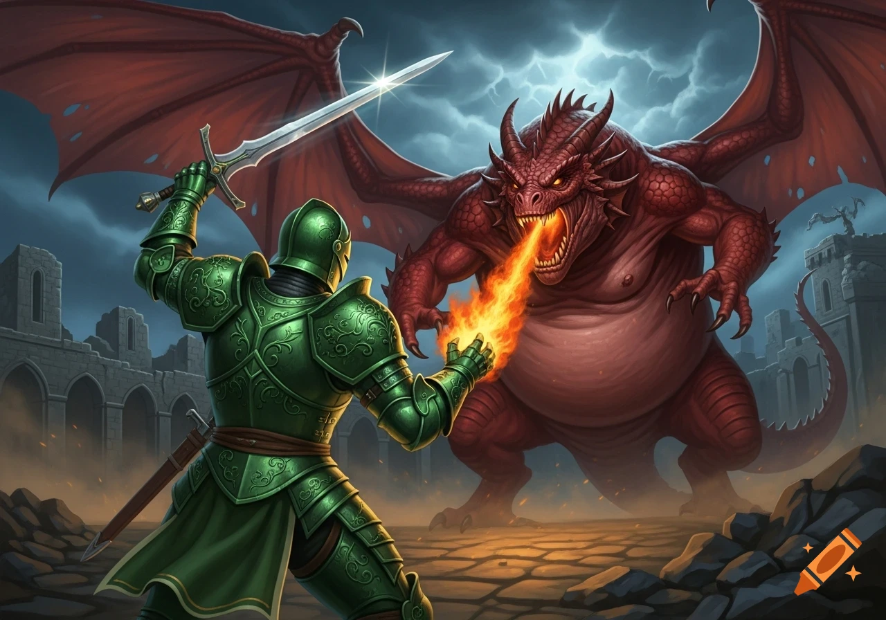 A green knight in ornate armor fights a large red dragon breathing fire in front of castle ruins, stormy sky, digital painting.