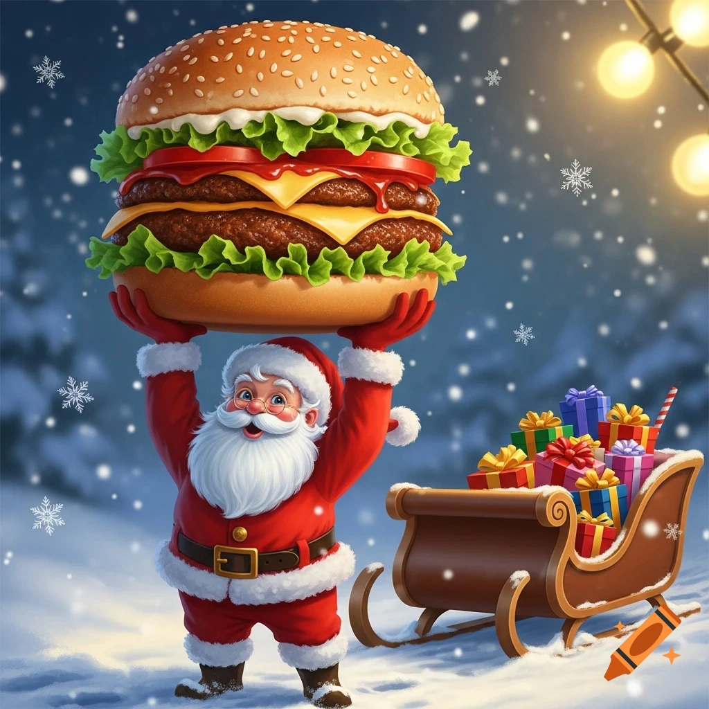 Cartoon Santa Claus gleefully holds a huge double-patty burger in a snowy, festive scene with a sleigh full of gifts.