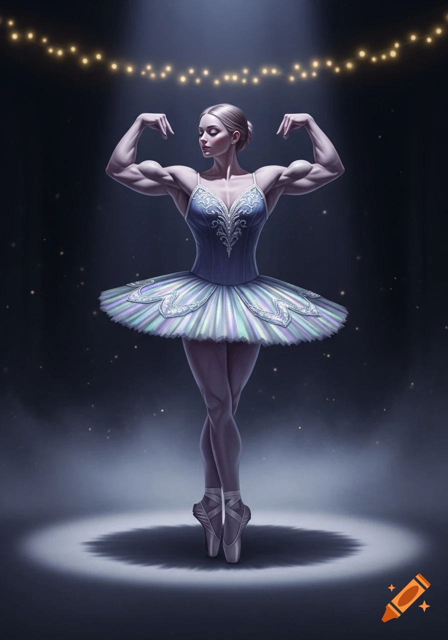 A muscular ballerina in a blue and white tutu poses on pointe under a spotlight, with string lights overhead.