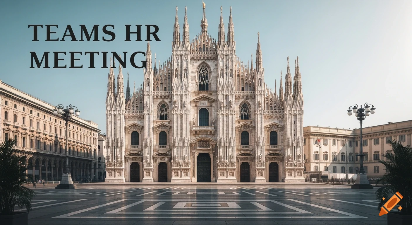 Photorealistic view of the Duomo di Milano cathedral with "TEAMS HR MEETING" text superimposed over a clear sky.