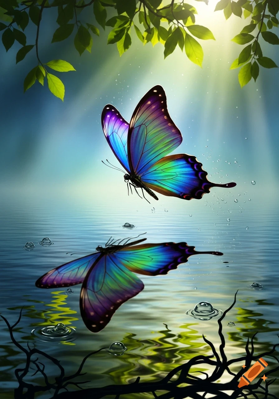A vibrant iridescent butterfly with purple, blue, and green wings hovers over a reflective body of water under dappled sunlight and green leaves.