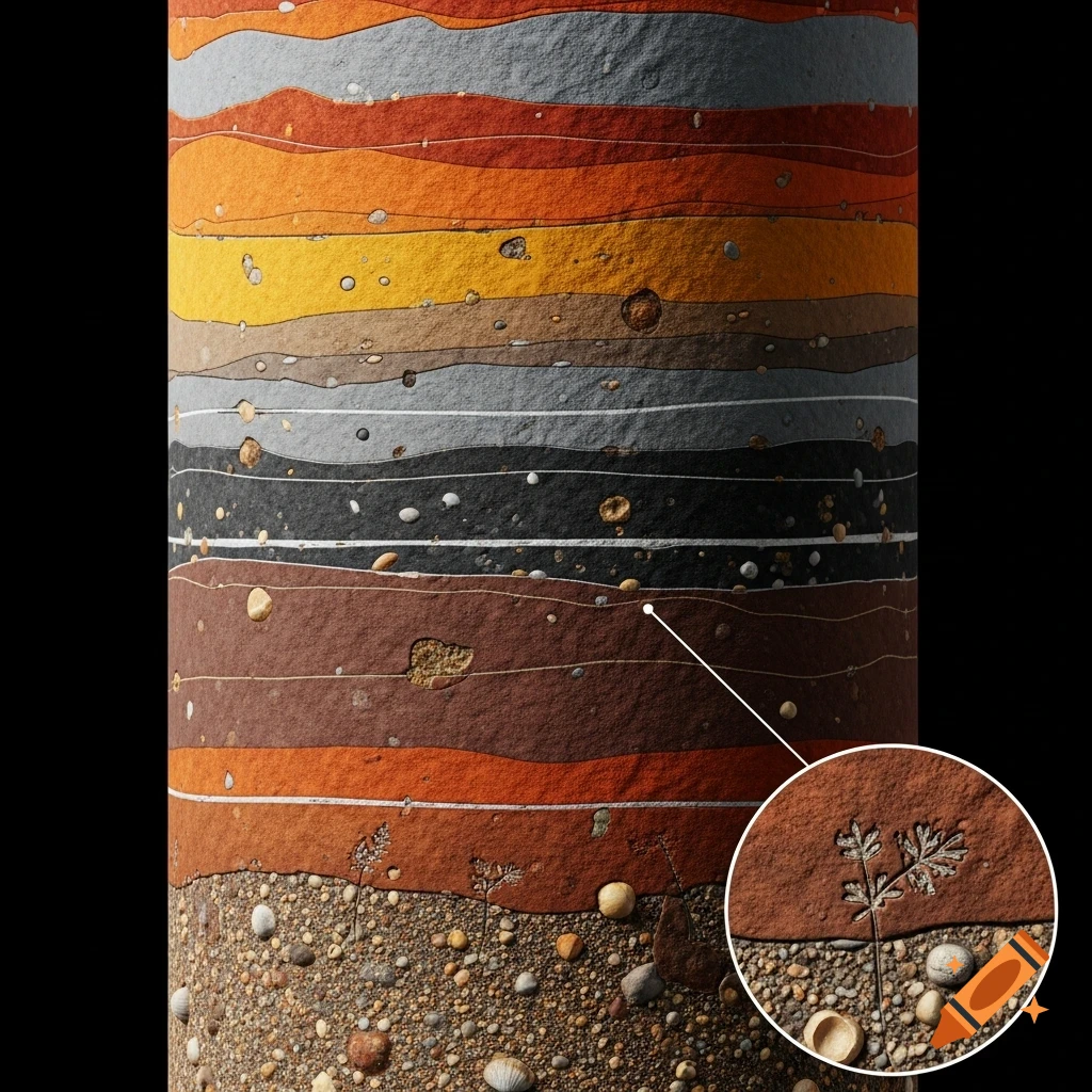 Detailed vertical cross-section of colorful geological layers with pebbles and a fossil, including a magnified view.
