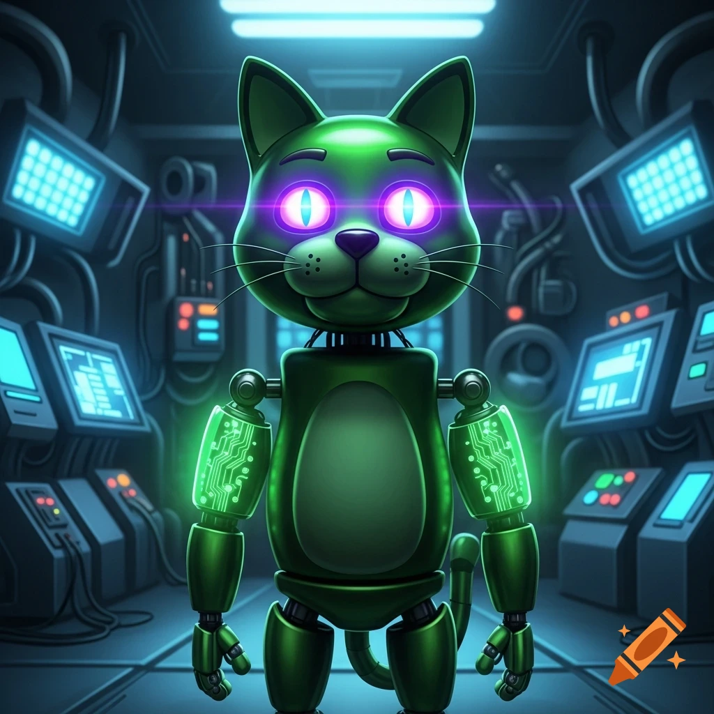 A green cat animatronic with glowing purple eyes stands in a futuristic control room with monitors.