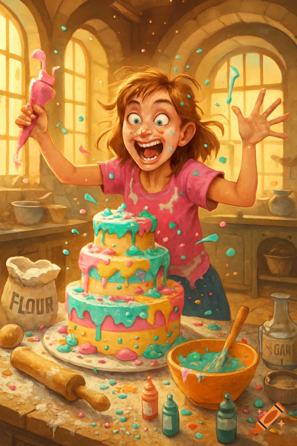 A cartoon girl with frosting on her face and hands excitedly stands behind a messy, colorful tiered cake in a kitchen, holding a pink frosting bag.