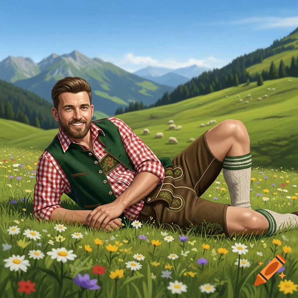 A smiling man in traditional Bavarian lederhosen, checkered shirt, and green vest lies in a field of wildflowers with mountains in the background.