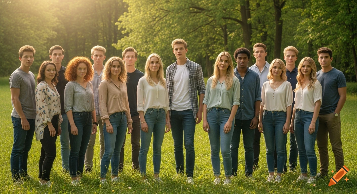 A large group of young adults stands in a sunny, grassy park with trees in the background, looking at the camera in a photorealistic style.
