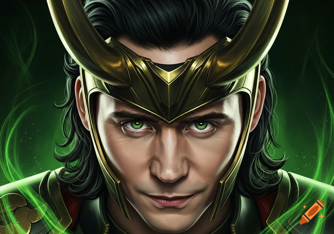 Extreme close-up portrait of Loki Laufeyson in his golden horned helmet, with intense green eyes and a green magical aura.