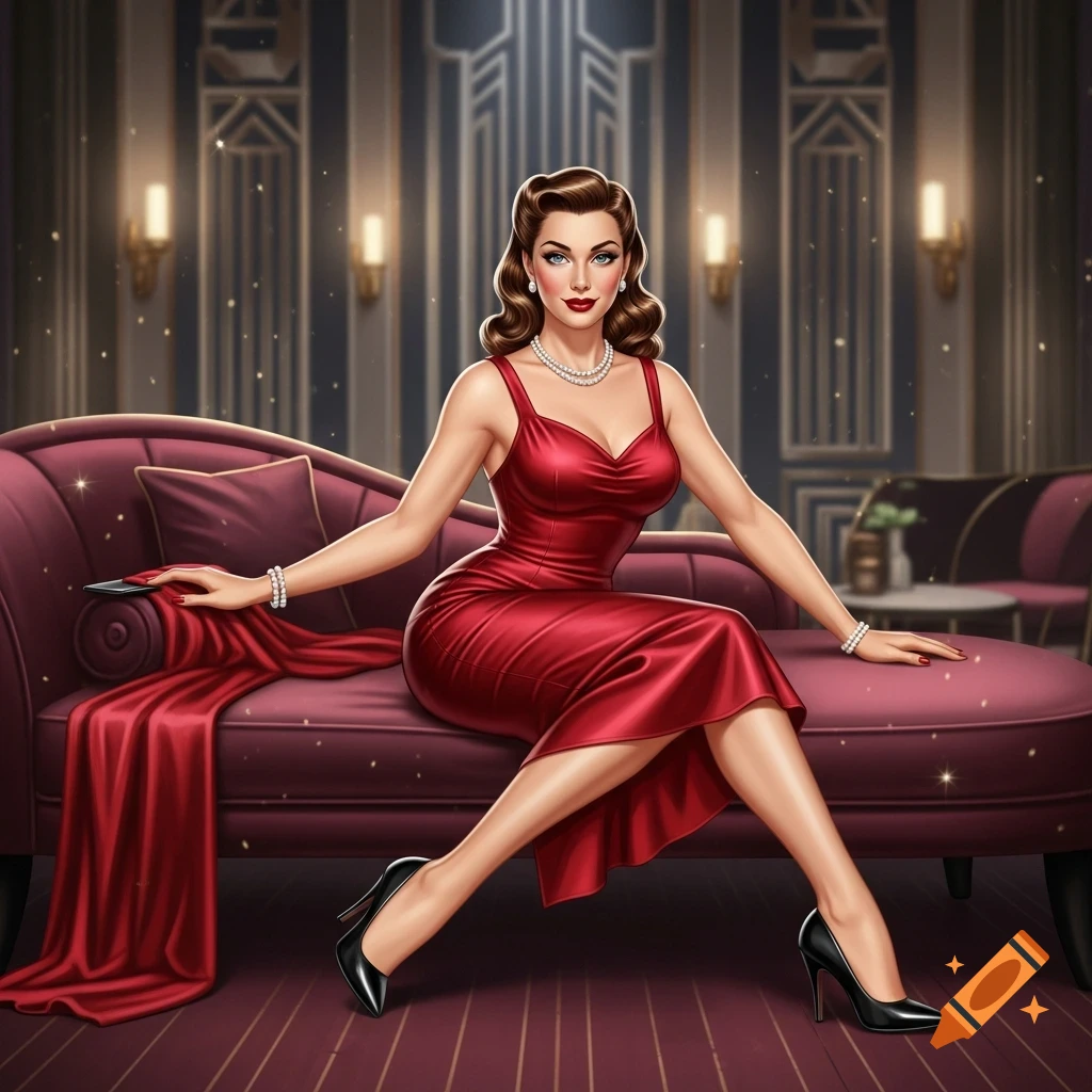 An elegant pinup woman in a red dress and heels reclines on a maroon couch in an Art Deco room, art illustration.