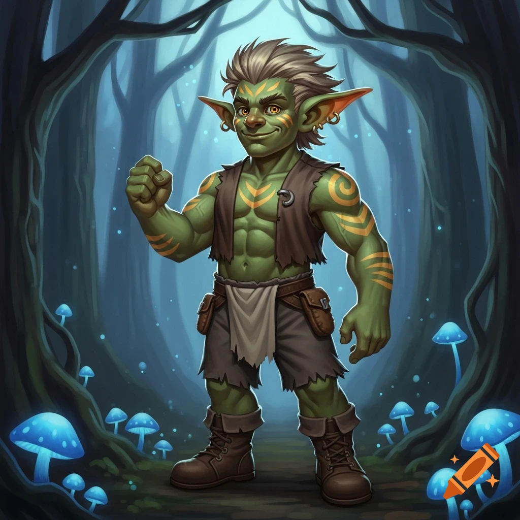 A muscular green goblin with spiky hair and yellow tribal markings stands in a magical forest with glowing blue mushrooms.