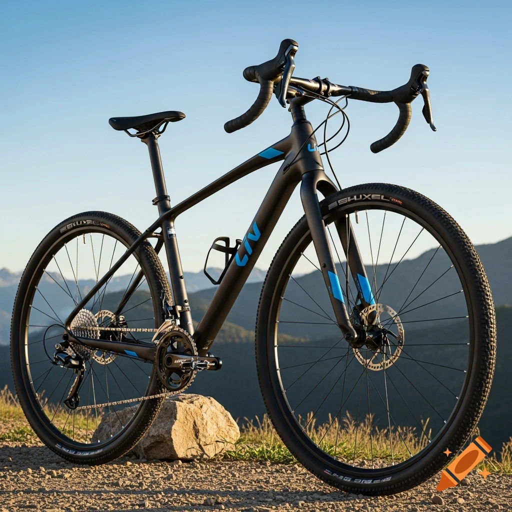 A black Liv Rove bike with blue accents, parked on a rocky trail with mountains in the background under a clear sky.