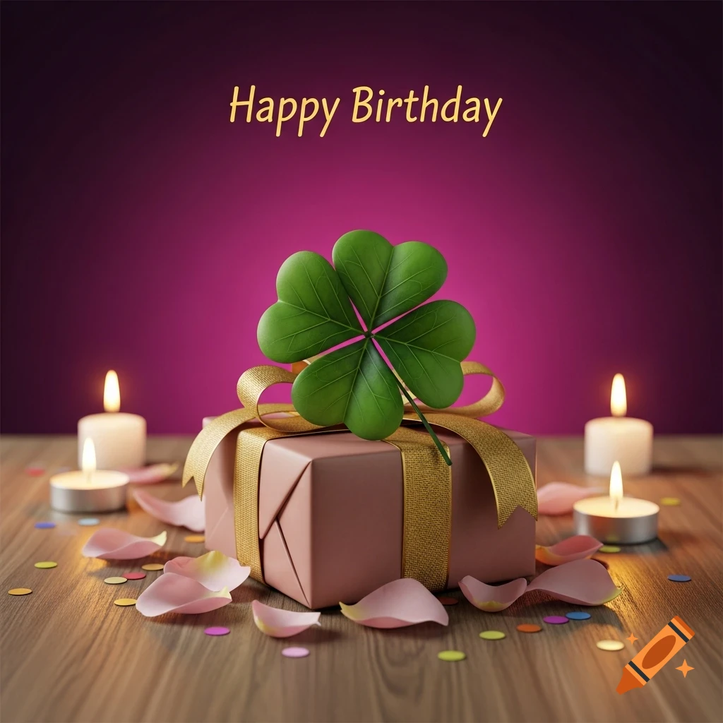 A birthday gift box with a four-leaf clover, surrounded by lit candles, rose petals, and confetti on a wooden table, with 'Happy Birthday' text.
