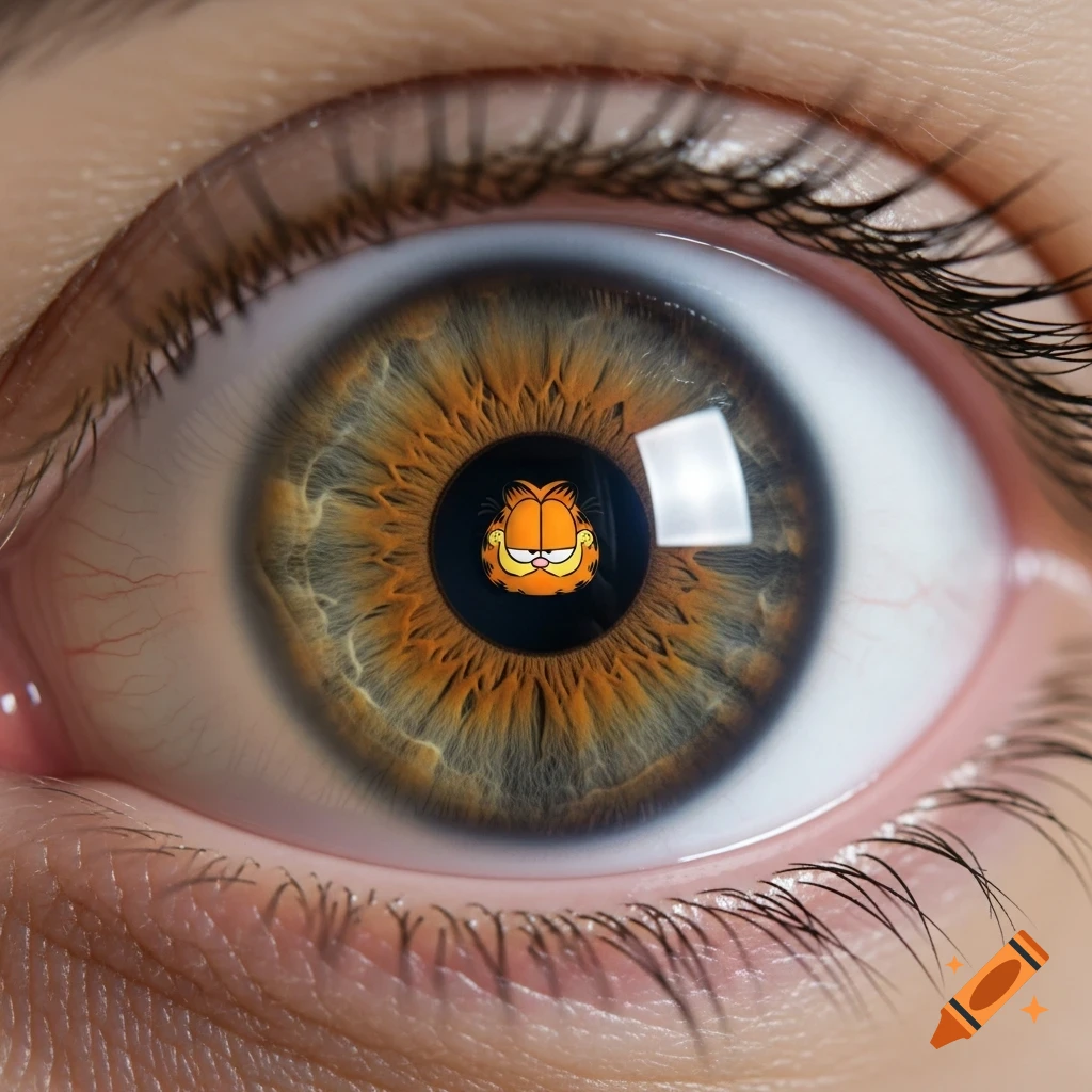 A close-up, photorealistic view of a human eye with a multi-colored iris, showing the cartoon character Garfield in its pupil.