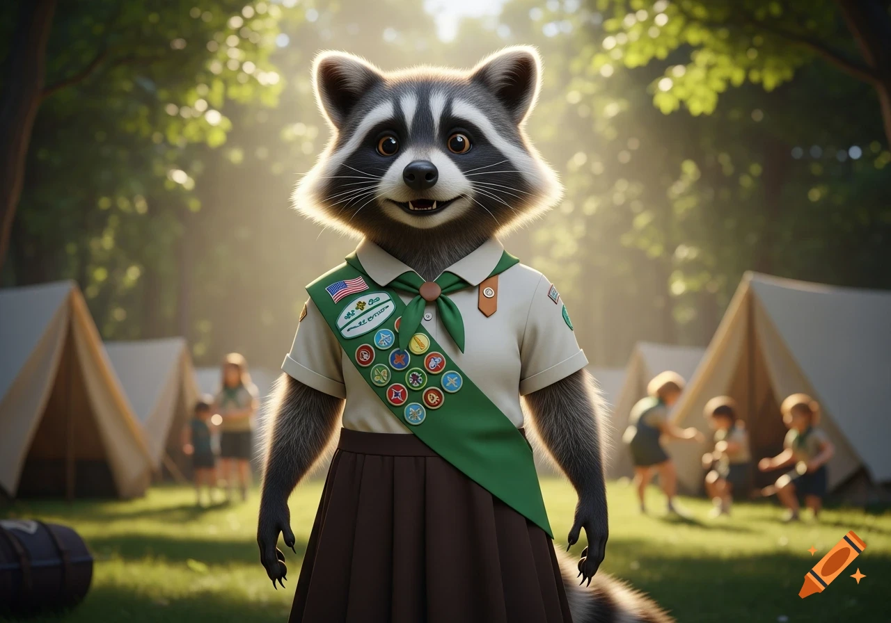 An anthropomorphic raccoon wearing a scout uniform with numerous badges stands smiling in a sunlit campground with tents in the background.