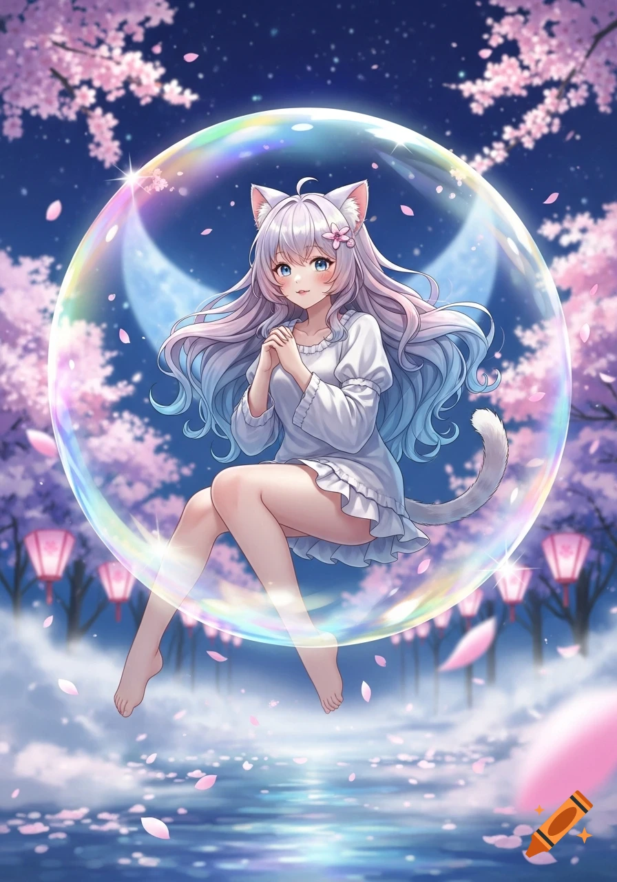 An anime catgirl with light pink and blue hair, cat ears, and a tail, sitting inside a bubble under a night sky with cherry blossoms.