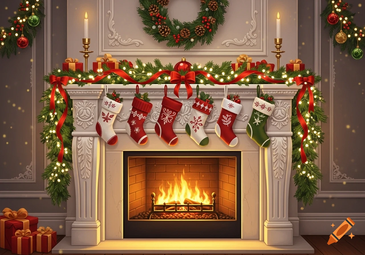 A white fireplace decorated for Christmas with a lit fire, garlands, lights, hanging stockings, and wrapped presents.