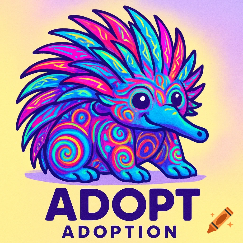 A vibrant, cartoon-style psychedelic echidna in blue, pink, and yellow, with swirling patterns, sits above the words 'ADOPT ADOPTION'.