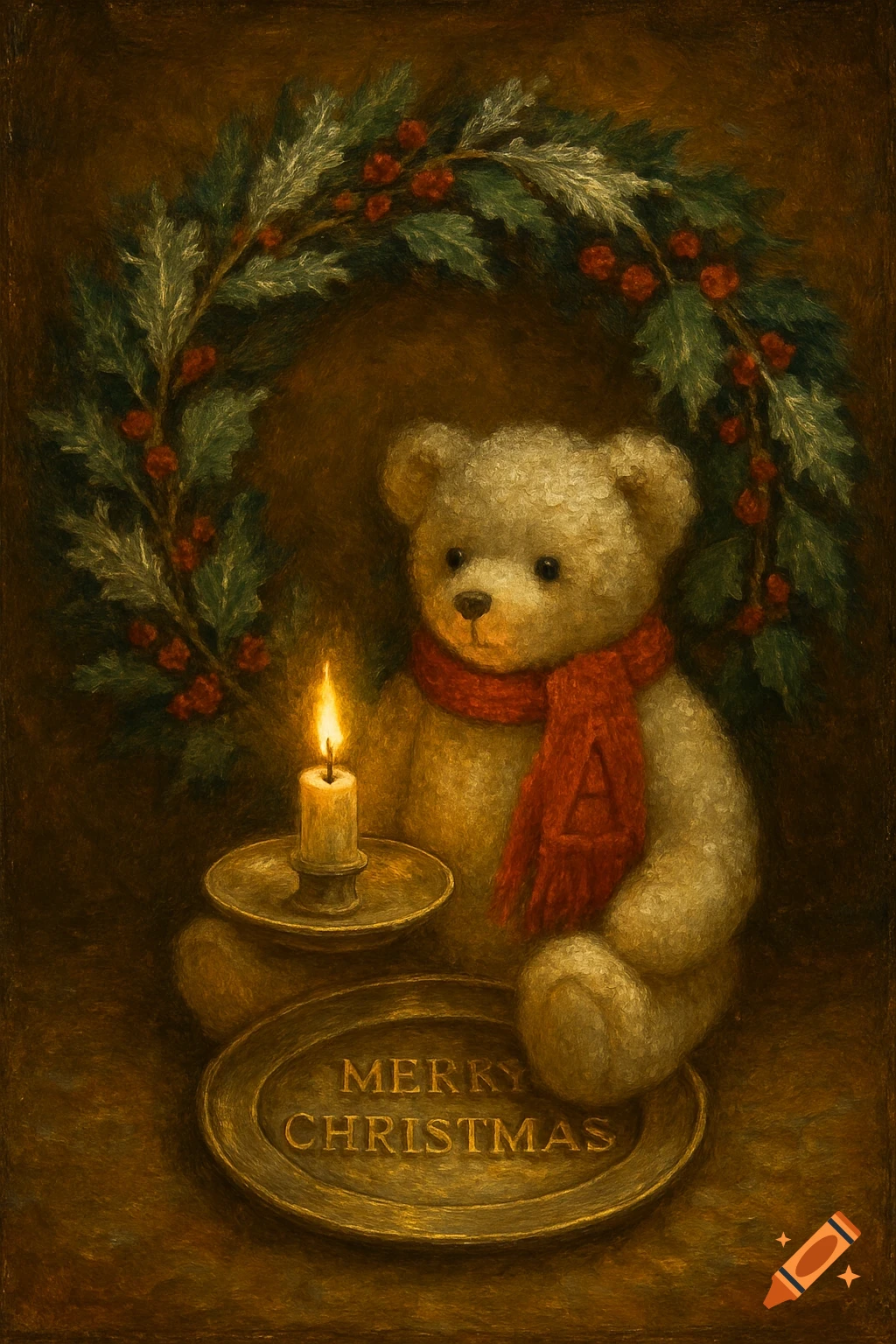Oil painting of a teddy bear in a red scarf, holding a candle, surrounded by a holly wreath with 'Merry Christmas' on a plate.