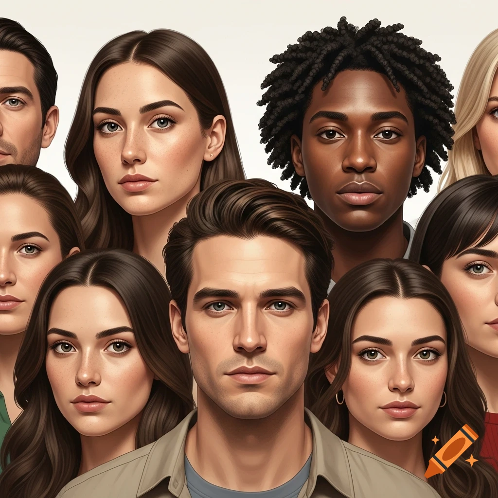Close-up of a diverse group of young adult faces with various skin tones and hair, photorealistic style.