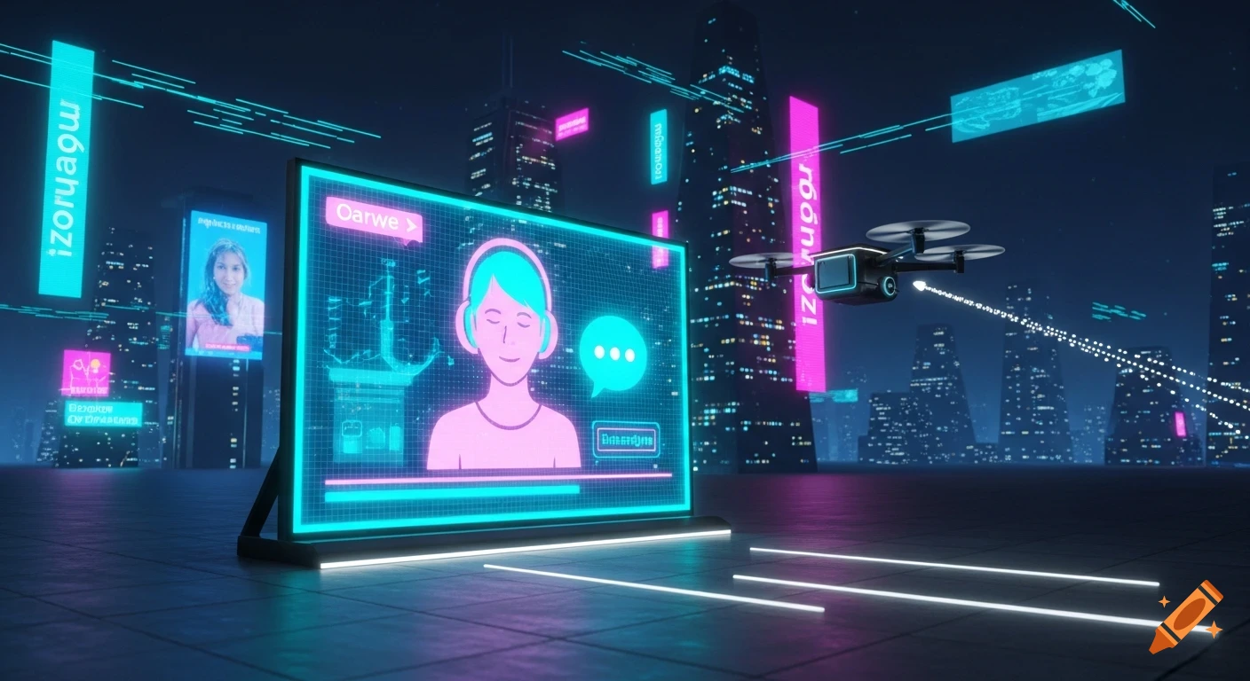 A stylized futuristic city at night with neon lights and skyscrapers. A large holographic screen shows a person wearing headphones, while a drone flies overhead, emitting light trails.