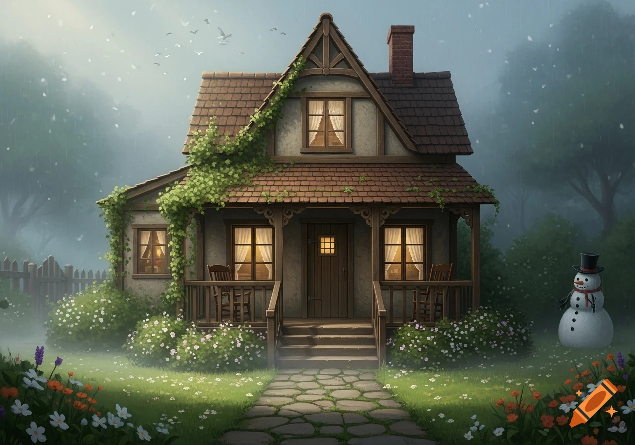 A charming, ivy-covered cottage with glowing windows, a stone path, colorful flowers, and a snowman in a misty, whimsical garden.