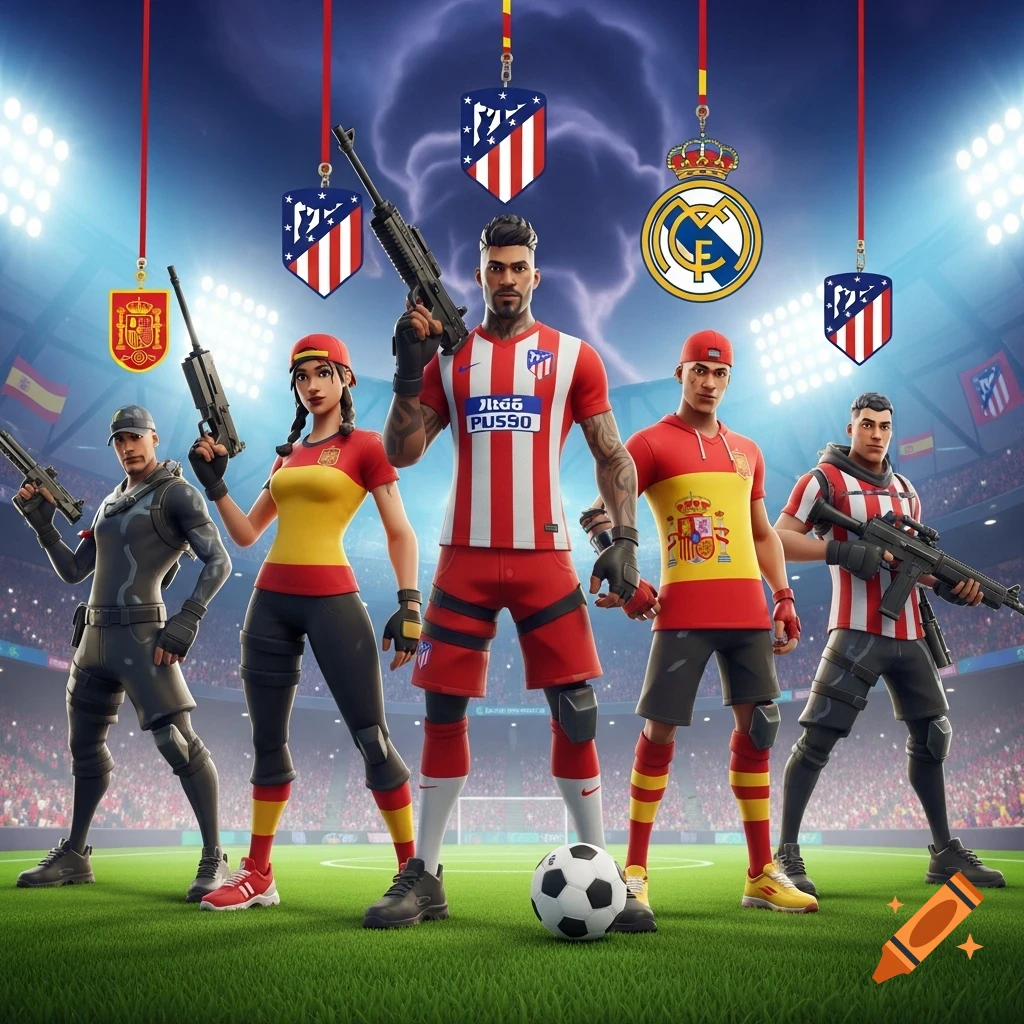 Five Fortnite-style characters, some wearing Spanish national football team and Atletico Madrid jerseys, hold guns on a soccer field. Team logos float above them.