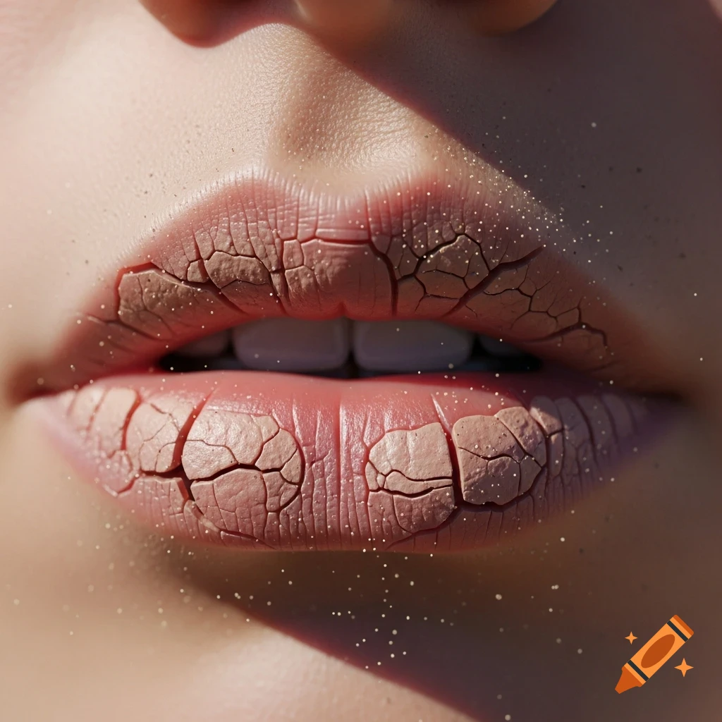 Close-up of a person's lips with extremely dry, cracked skin and subtle glitter accents, photorealistic.