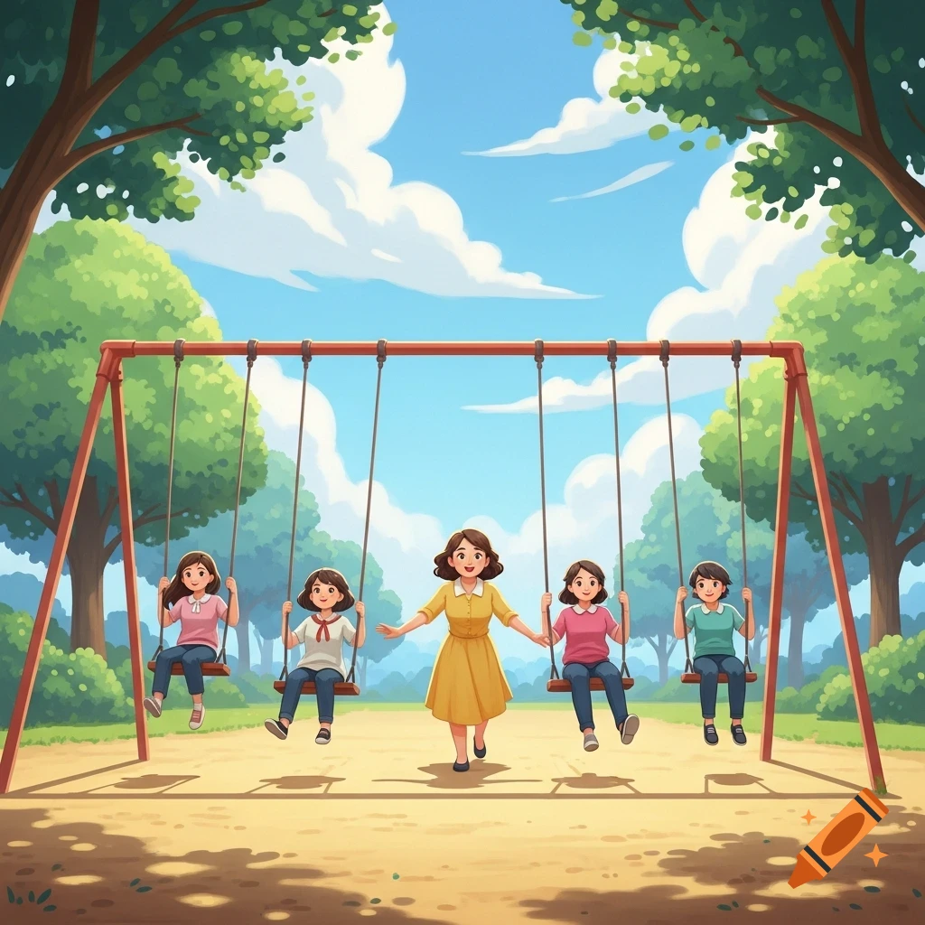 A cartoon illustration shows a woman in a yellow dress standing in a park, with four children on swings around her under a blue sky.