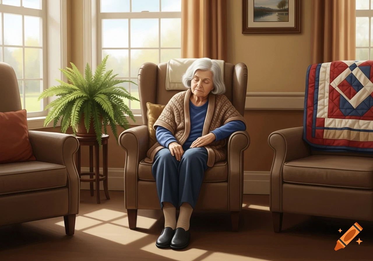 An elderly woman dozes peacefully in a brown armchair in a sunlit room with windows and a large fern.