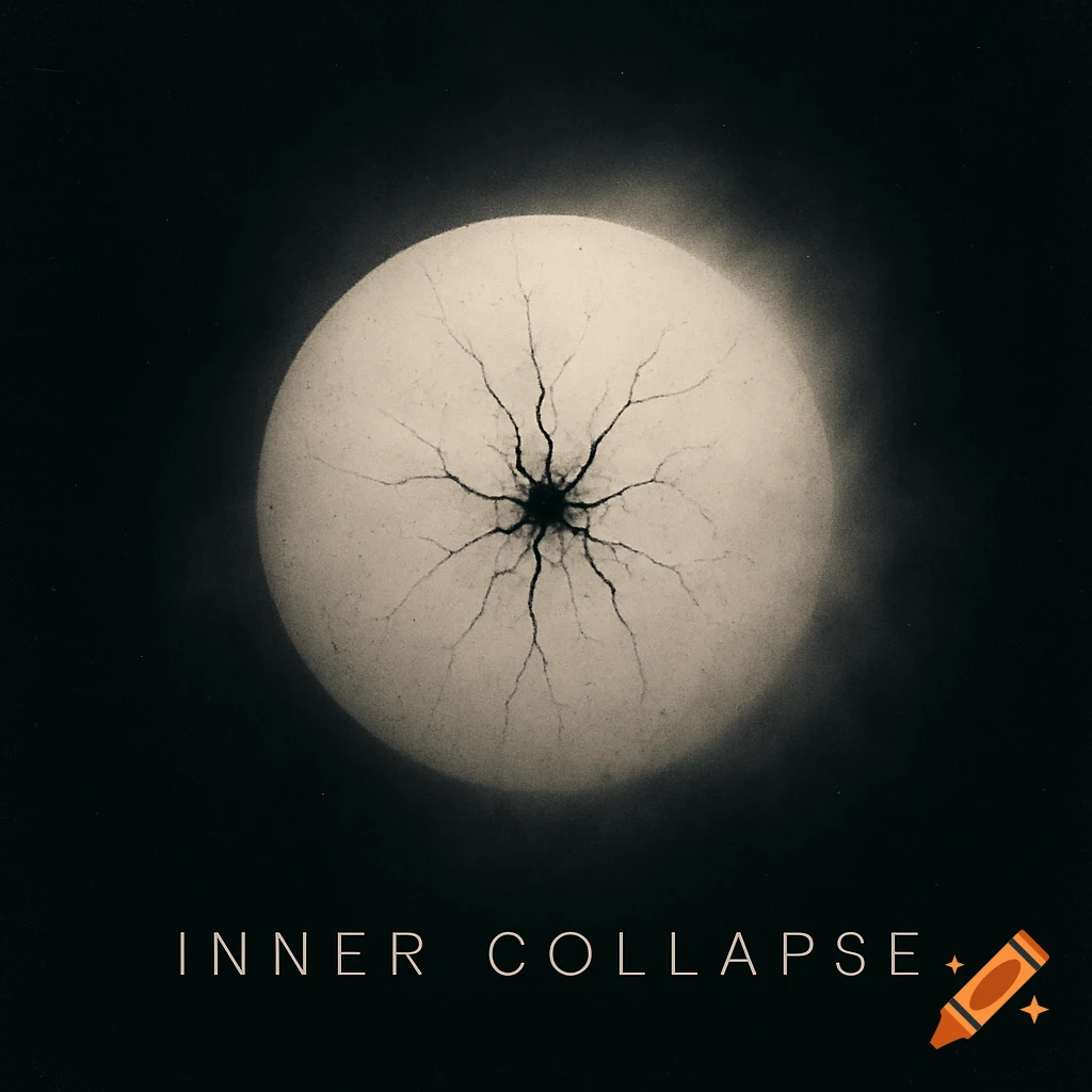 An off-white orb with radiating dark cracks and 'INNER COLLAPSE' text on a dark, smoky background.