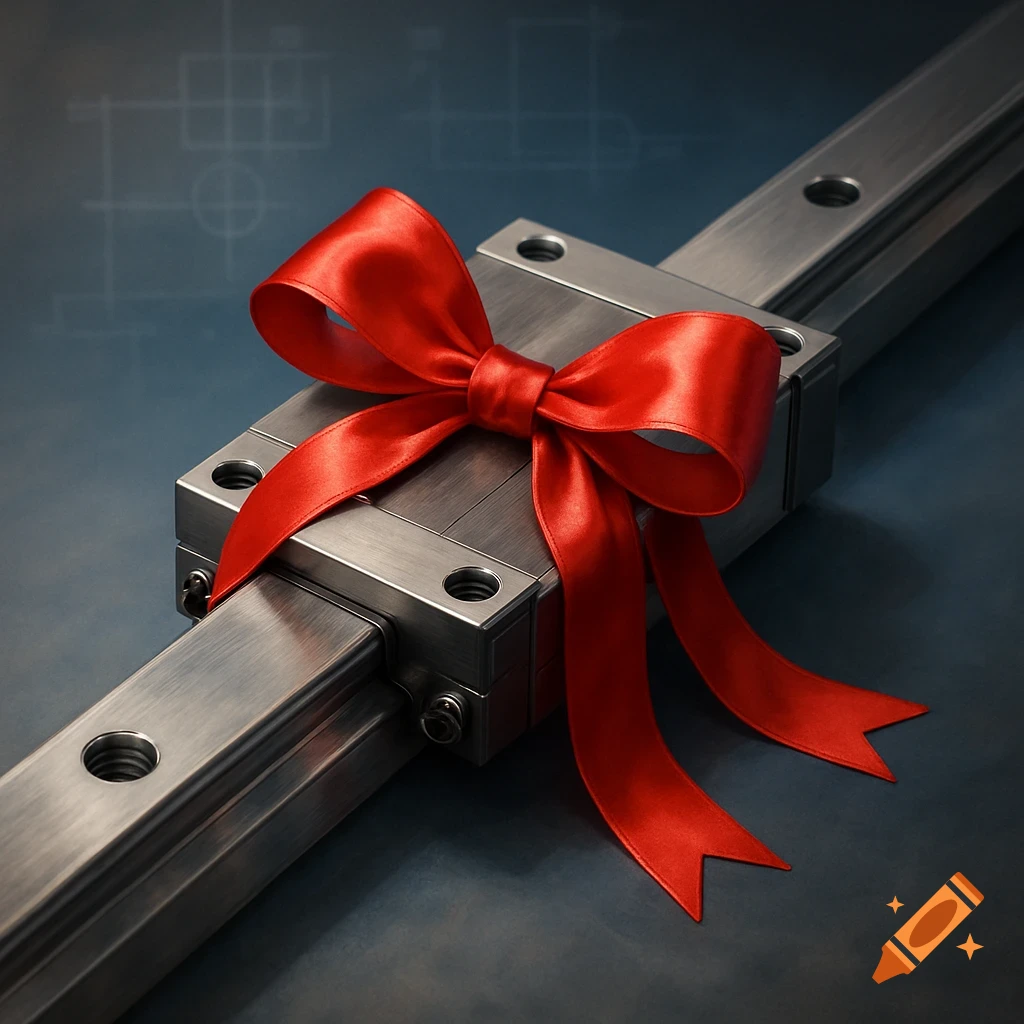 A metallic linear motion guide or actuator is adorned with a bright red satin ribbon, set against a dark, faintly blueprint-lined background.