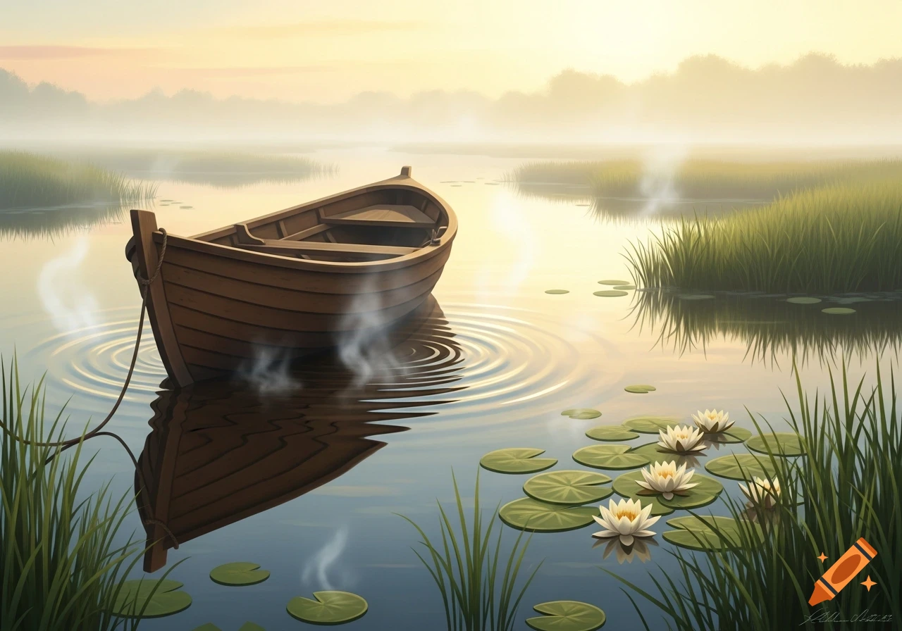 A small wooden rowboat floats on a misty lake at sunrise or sunset, surrounded by lily pads and tall grasses.