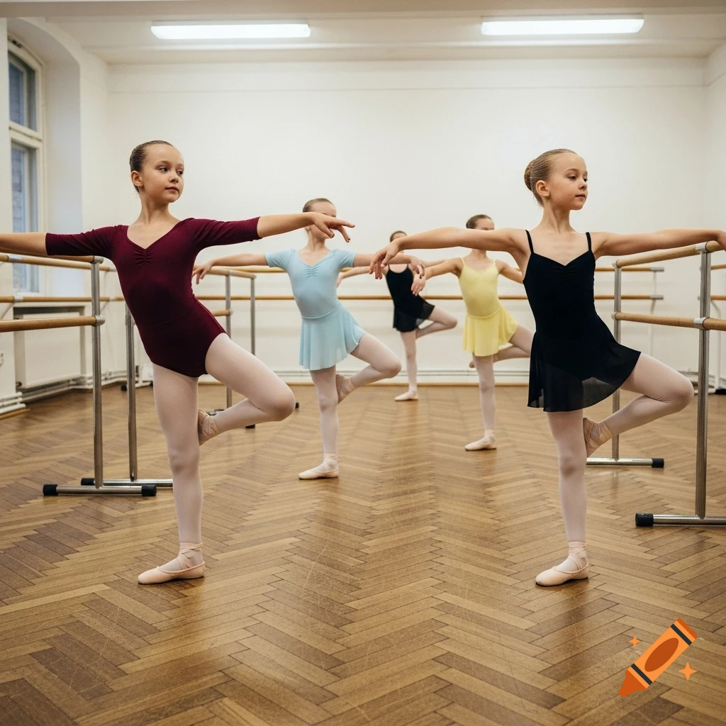 Young girls in leotards and tights practice ballet at a barre in a studio with wooden floors.