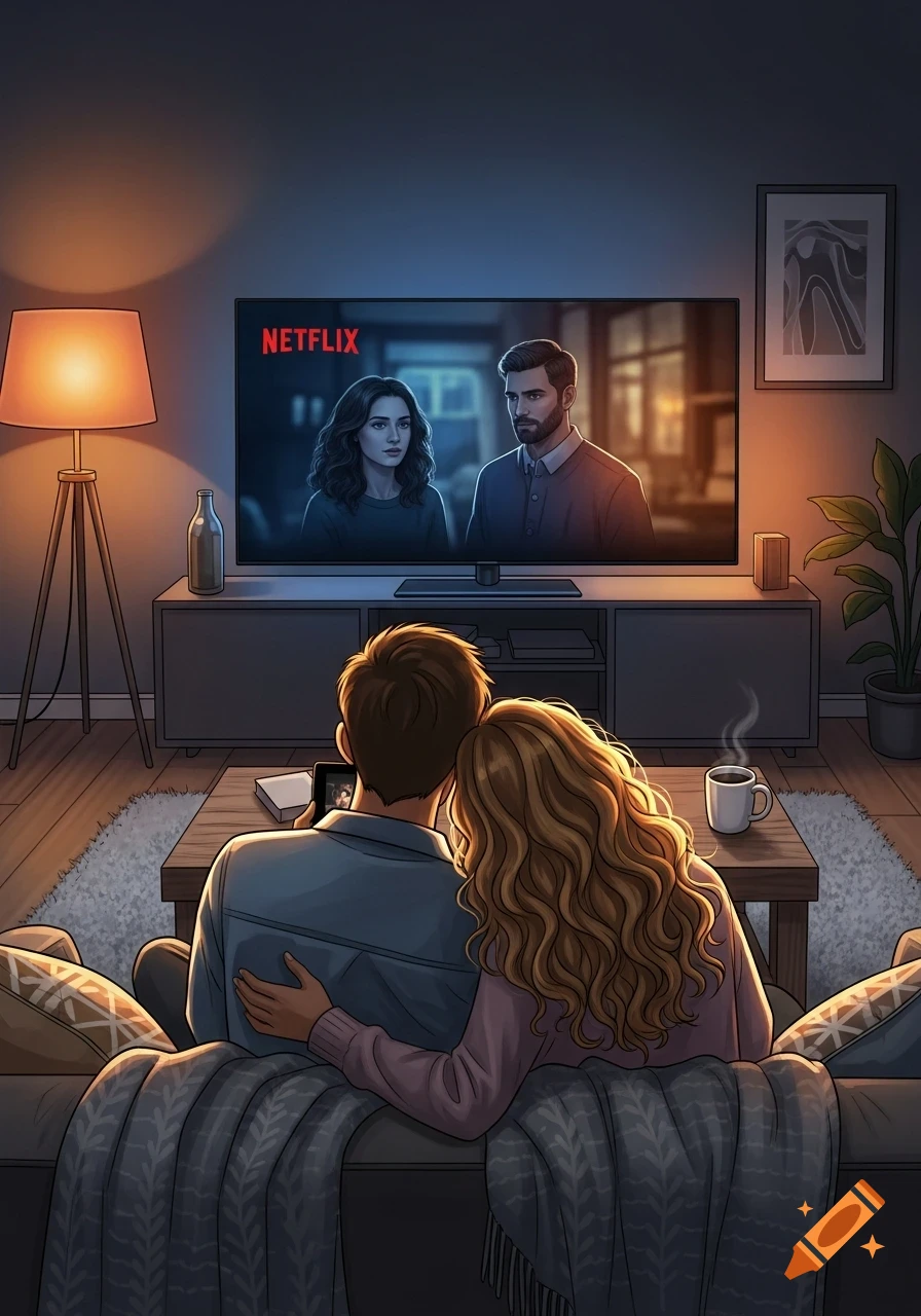 A stylized illustration of a couple from behind, snuggled on a couch watching Netflix on a TV in a cozy, dimly lit room.