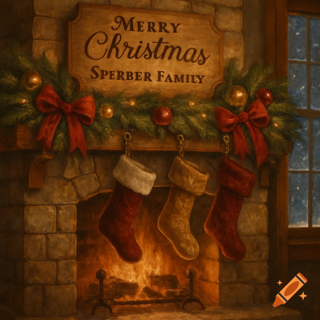 A warmly lit Christmas fireplace with three hung stockings, a green garland, and a 'Merry Christmas Sperber Family' sign above.