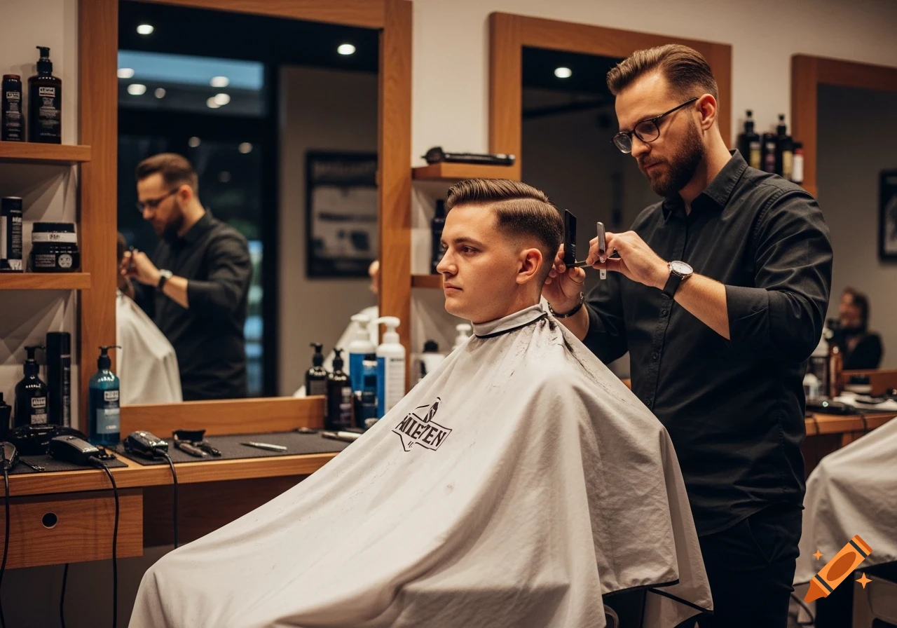 A barber in a black shirt and glasses meticulously trims a man's hair with a razor in a classic barbershop setting.