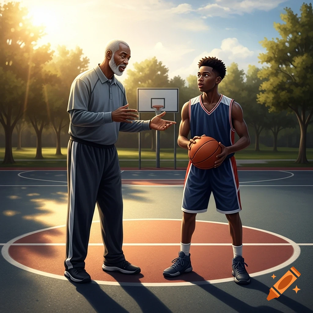 An older coach talks to a young basketball player holding a ball on an outdoor court at sunset.