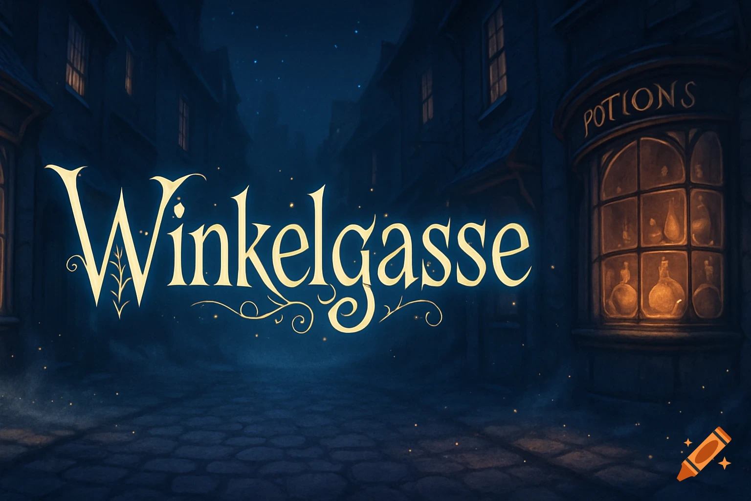 An illustration of the glowing text 'Winkelgasse' above a dark, mystical alley with cobblestone ground, lit storefronts, and floating particles.