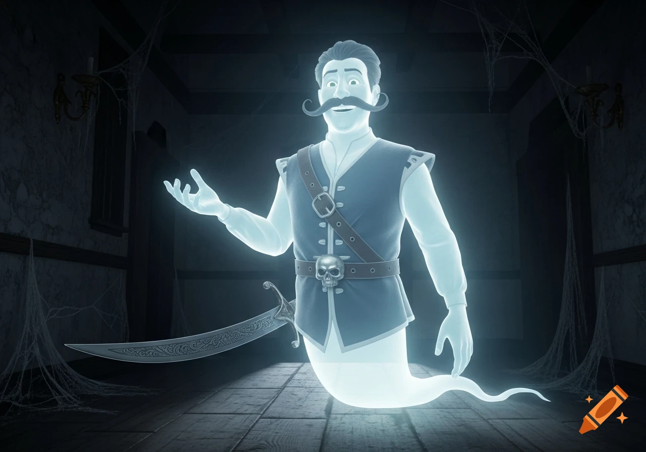 An animated, translucent man ghost with a fancy mustache, skull buckle, and scimitar floats in a dark, cobweb-filled room.