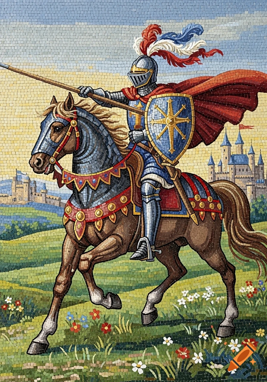 Mosaic art of a medieval knight on horseback with a lance and shield, a castle in the background.
