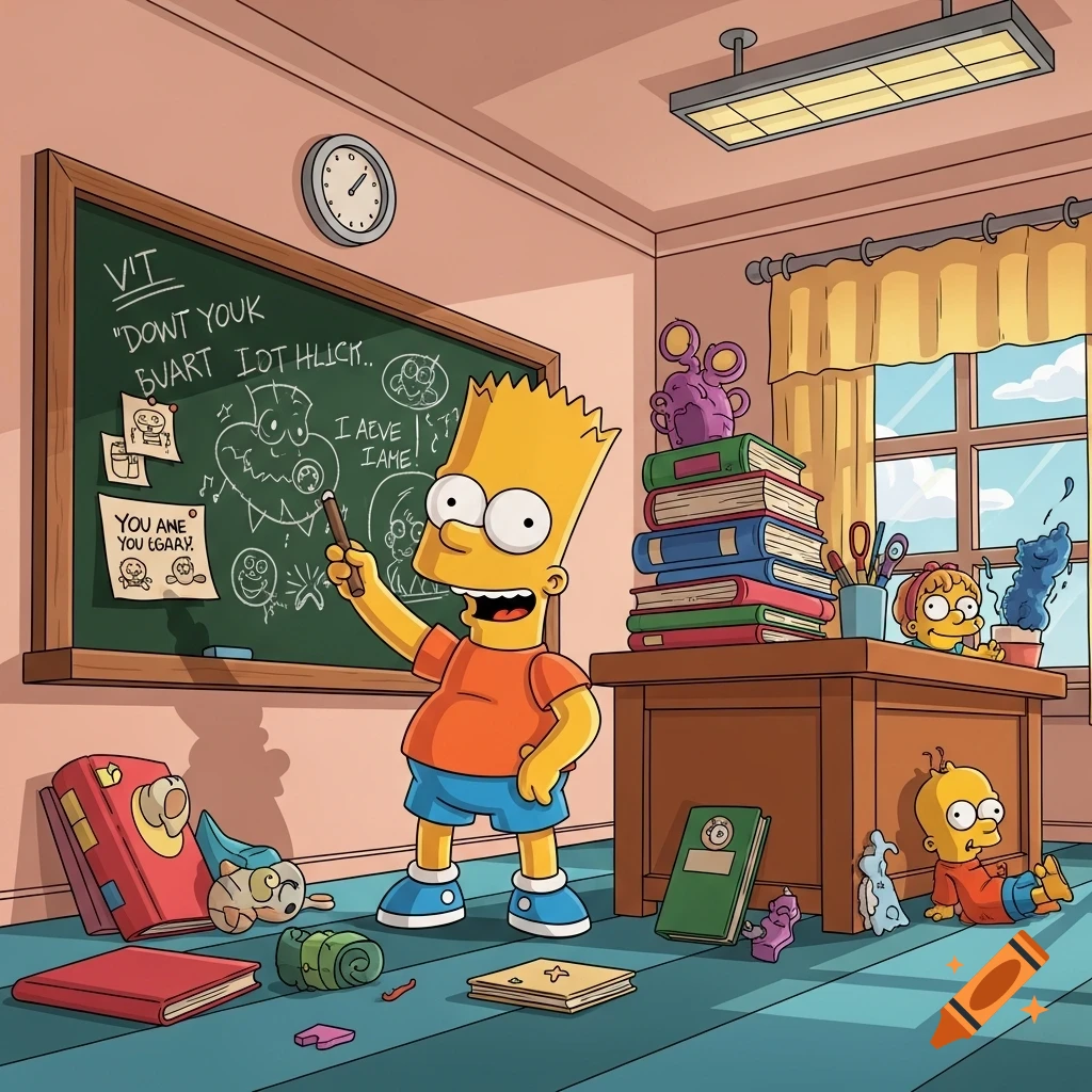 Bart Simpson stands in a colorful cartoon classroom, pointing at a blackboard filled with scribbled drawings and illegible text. Other Simpsons characters like Ralph Wiggum are in the background.