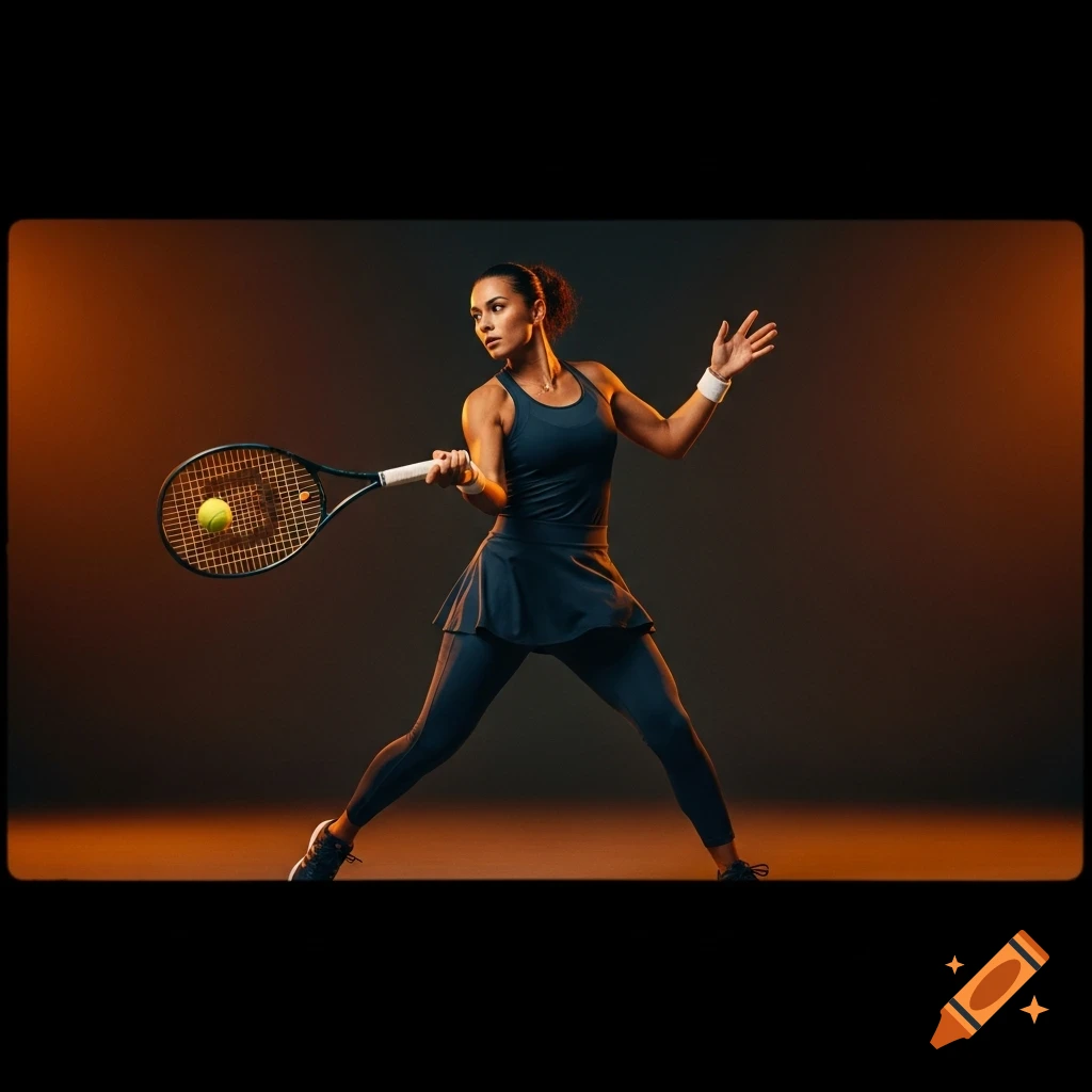 A female tennis player hits a forehand shot in a dark studio with cinematic warm lighting.