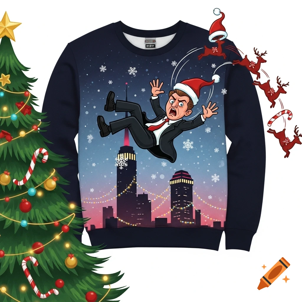 A dark blue Christmas sweater featuring a cartoon Hans Gruber falling from a skyscraper, with reindeer and snowflakes. A decorated Christmas tree is on the left.