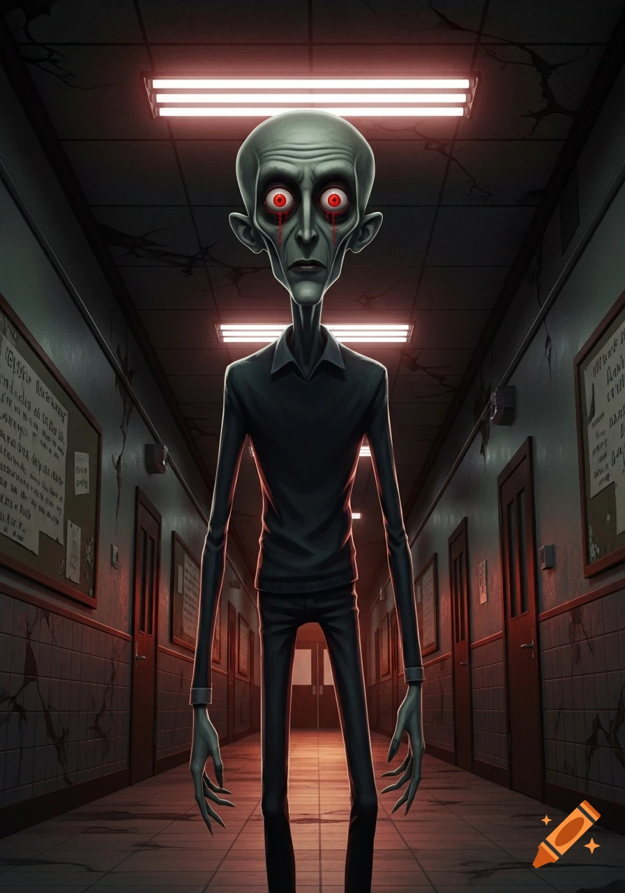 A gaunt, pale, bald figure with large red eyes and blood streaks stands in a dimly lit, creepy hallway, in a cartoonish horror style.