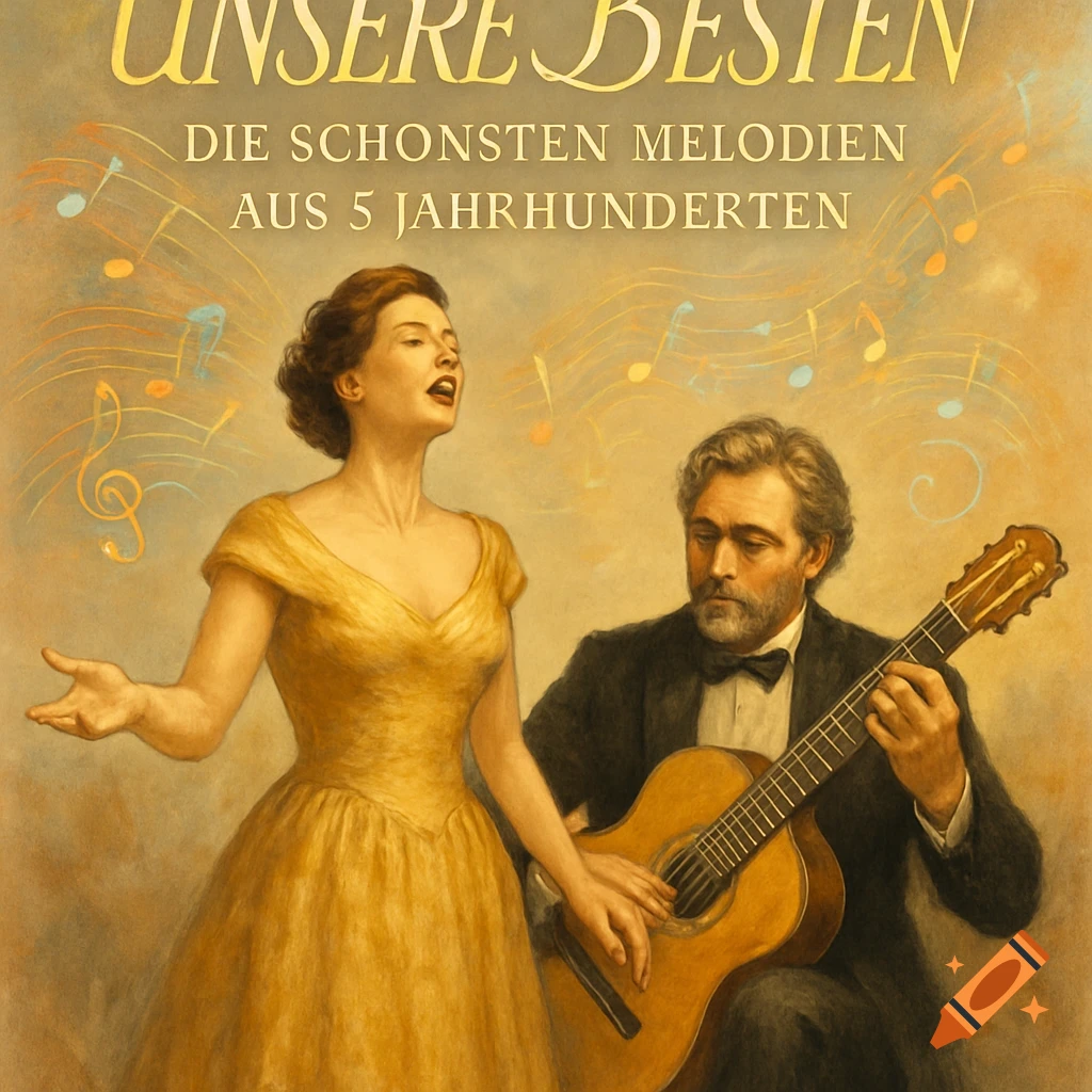 A classical painting of a woman in a gold dress singing and a man playing a classical guitar, with musical notes around them.