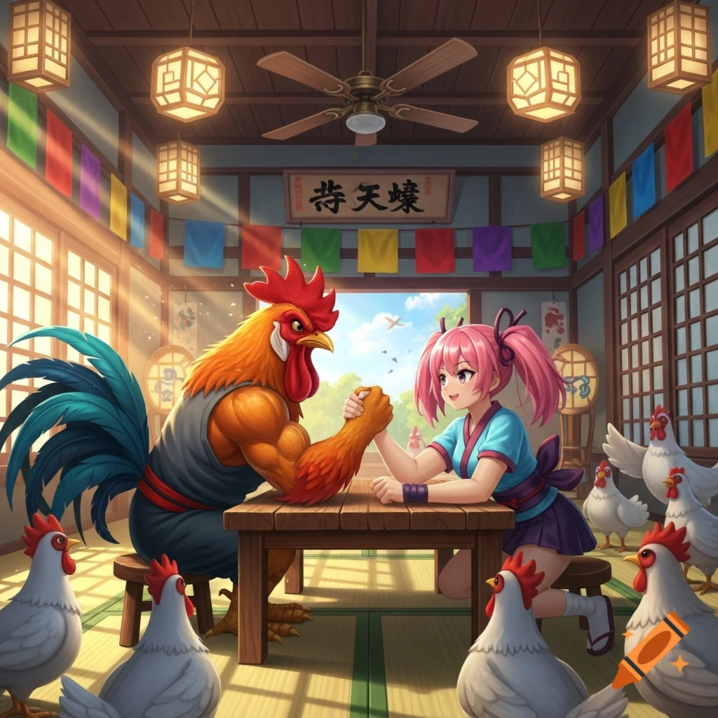 An anime girl with pink pigtails arm wrestles a muscular anthropomorphic rooster, surrounded by white chickens in a Japanese-style room.