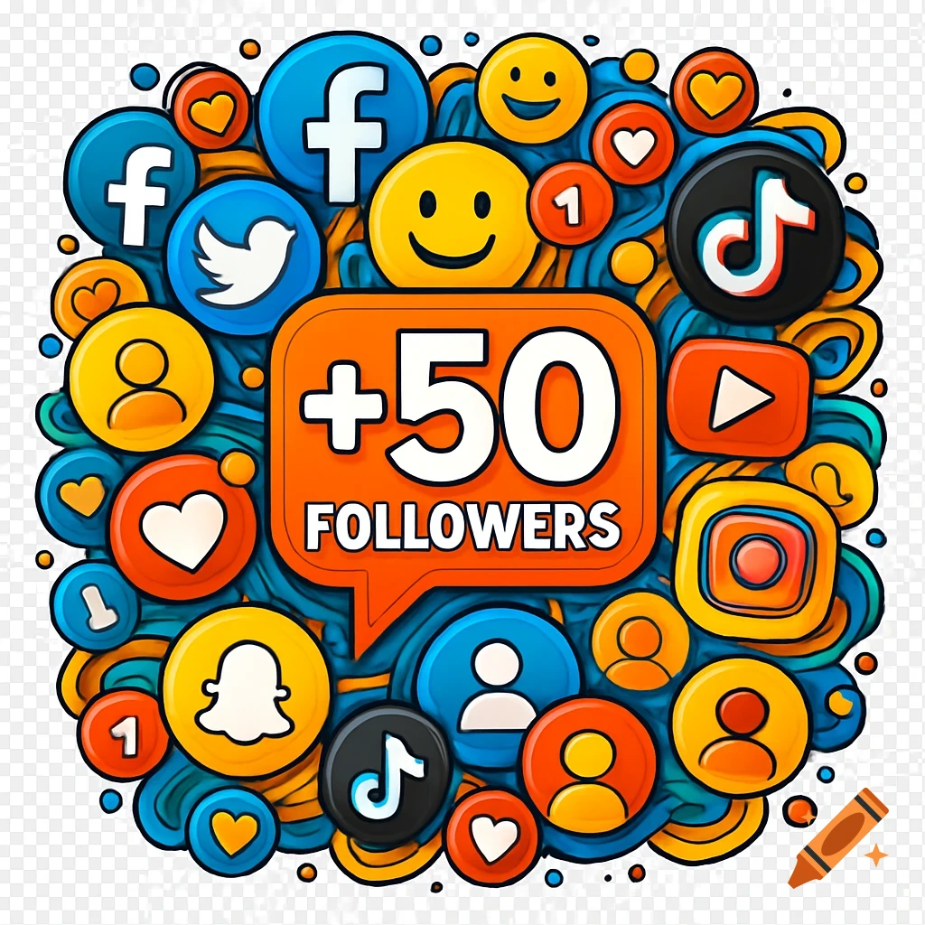 Colorful illustration of social media icons surrounding an orange bubble with "+50 FOLLOWERS" text.